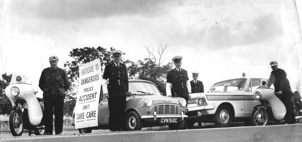 The Northern Echo: The police accident prevention unit on the A1 at Scotch Corner in August 1968 to remind drivers to take a break when travelling long distance